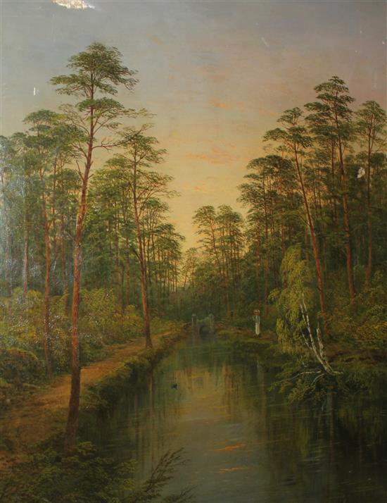 Large oil on canvas, trees and canal scene by Allen